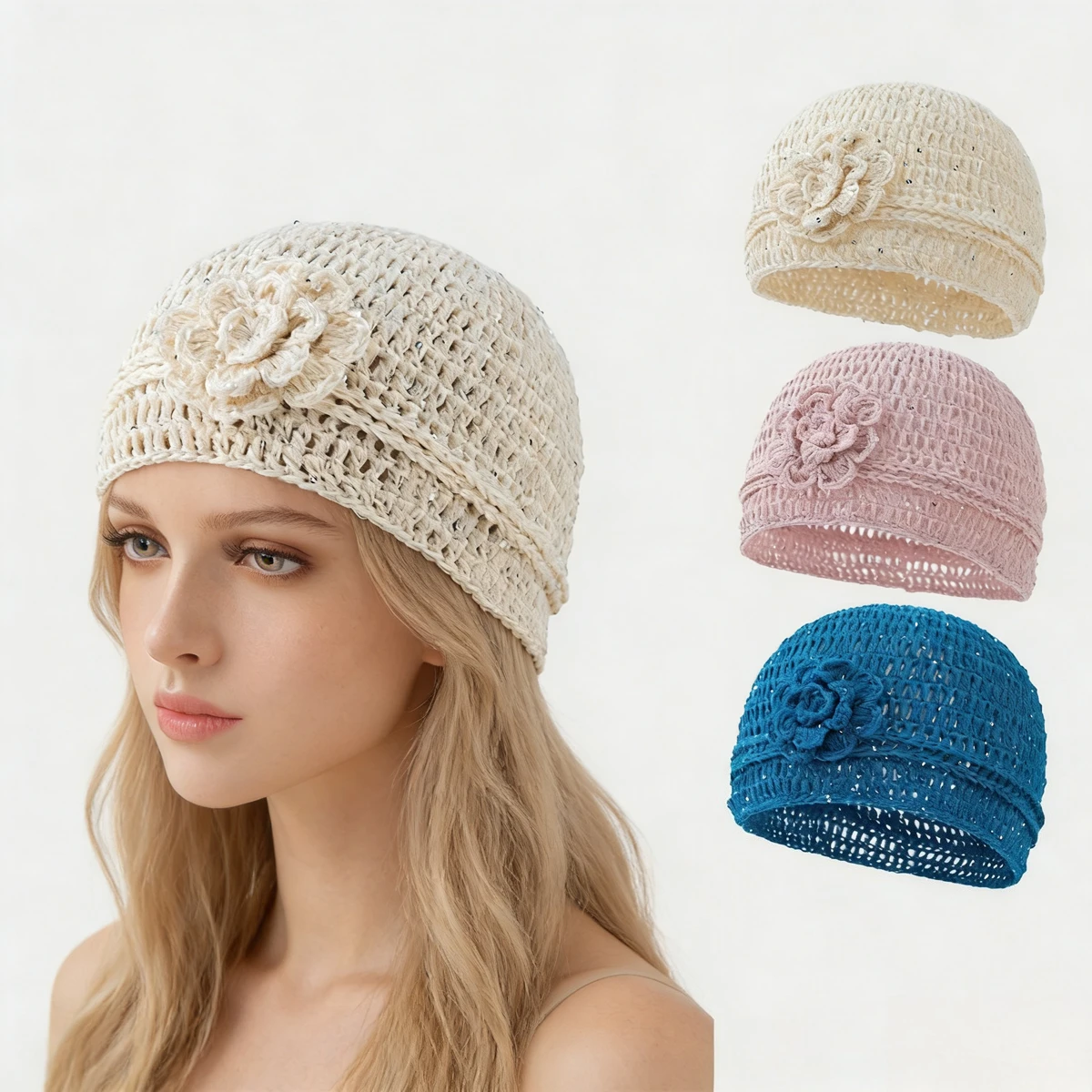 Popular Handmade Crochet Summer Beanies Hat For Women Solid Fashion Flower Sequin Best Matched Girls Skullies Bonnets Cap Gift
