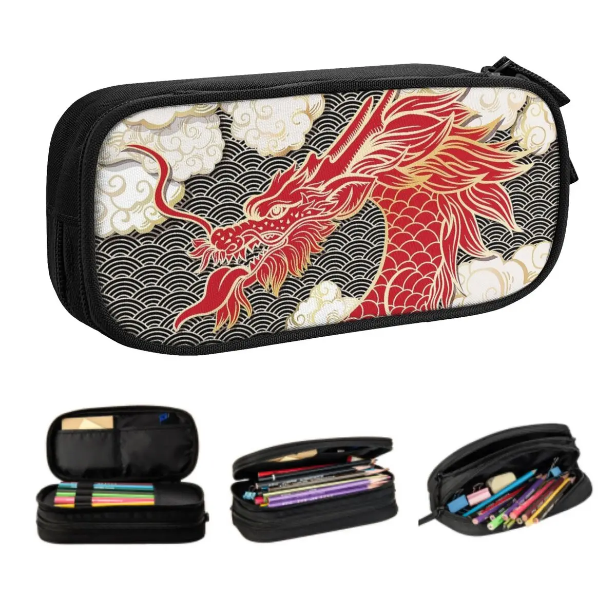 Custom Chinese Red Dragon Totem Pattern Pencil Case for Boys Gilrs Large Storage Tradition Asian Style Pen Box Bag Stationery