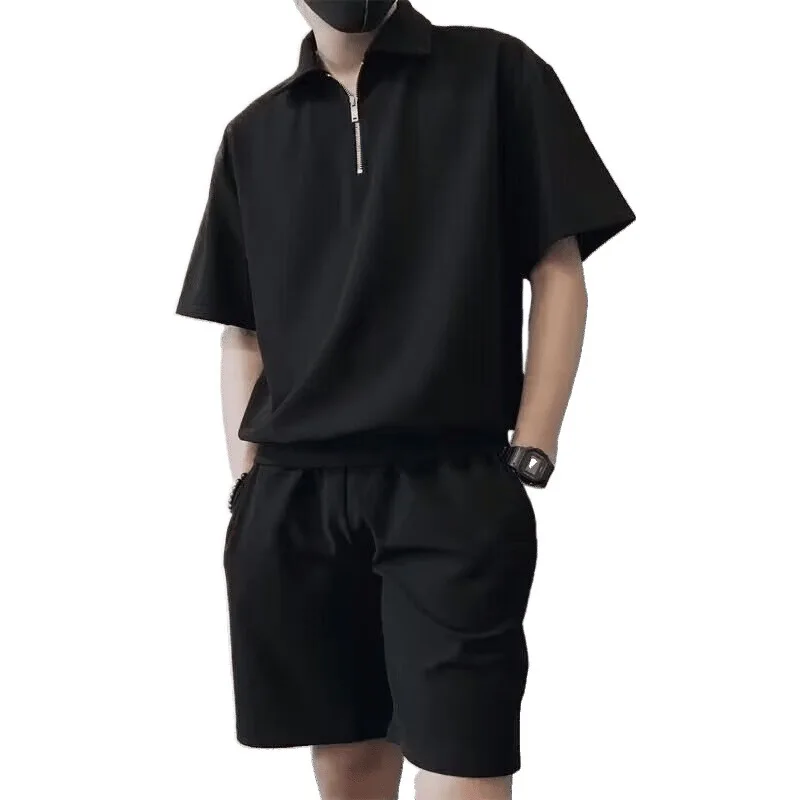 صيف جديد موضة الرجال بلون عادية العصرية فضفاض 2 قطعة مجموعات قصيرة الأكمام قمصان بولو طول الركبة السراويل الذكور الملابس
