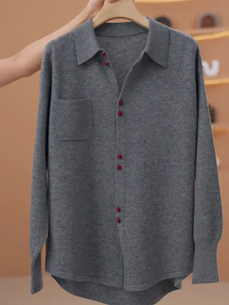 Kardigan damski na jesień 2025, swobodny, dzianinowy, otwarty, luźny, wyszczuplający, prosty, długi, elegancki, z wyraźnym wyczuciem luksusu.