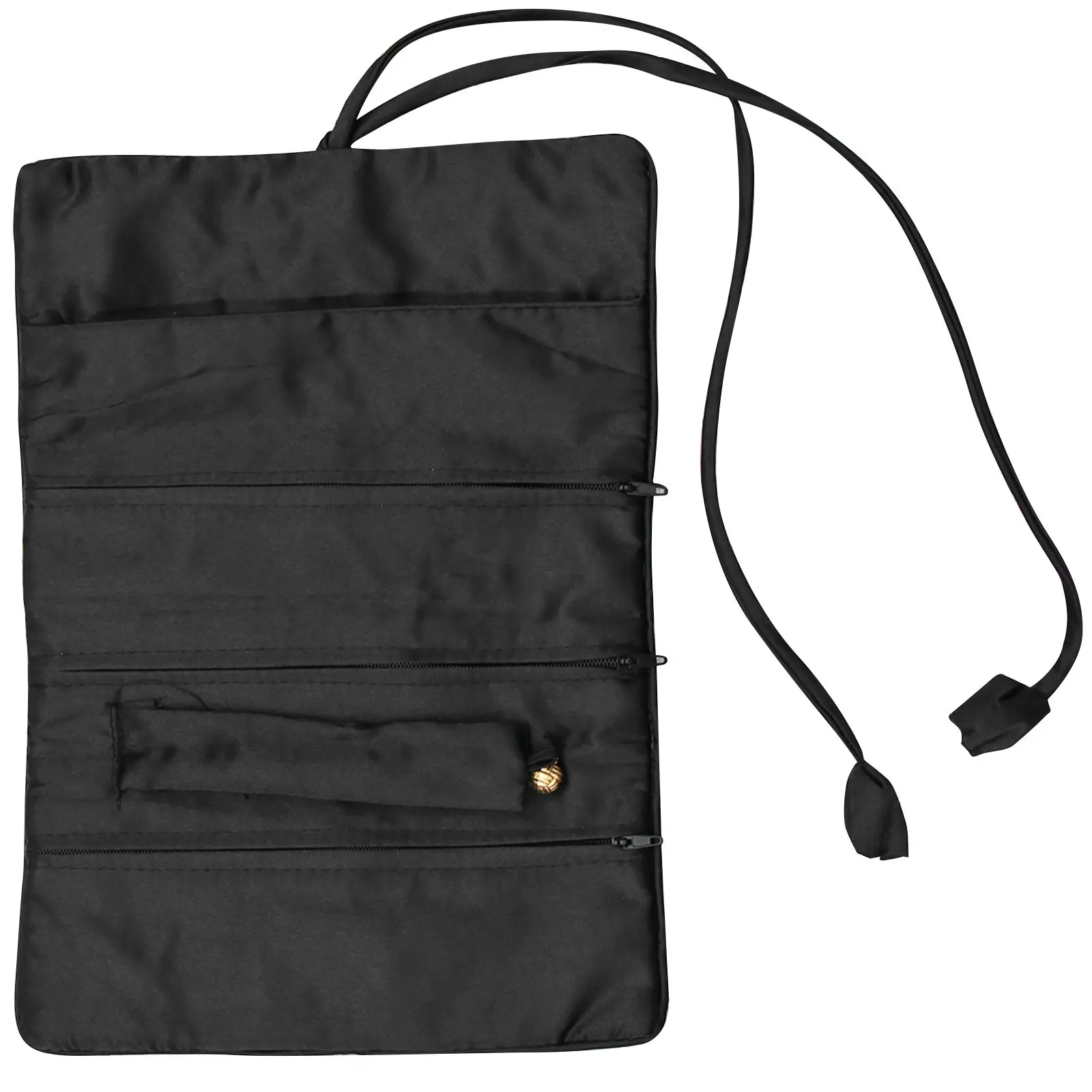 

Handmade Embroidered Jewelry Roll Bag Black Multifunctional Travel Storage Pouch Large Pocket 3 Zippered Compartments Elegant