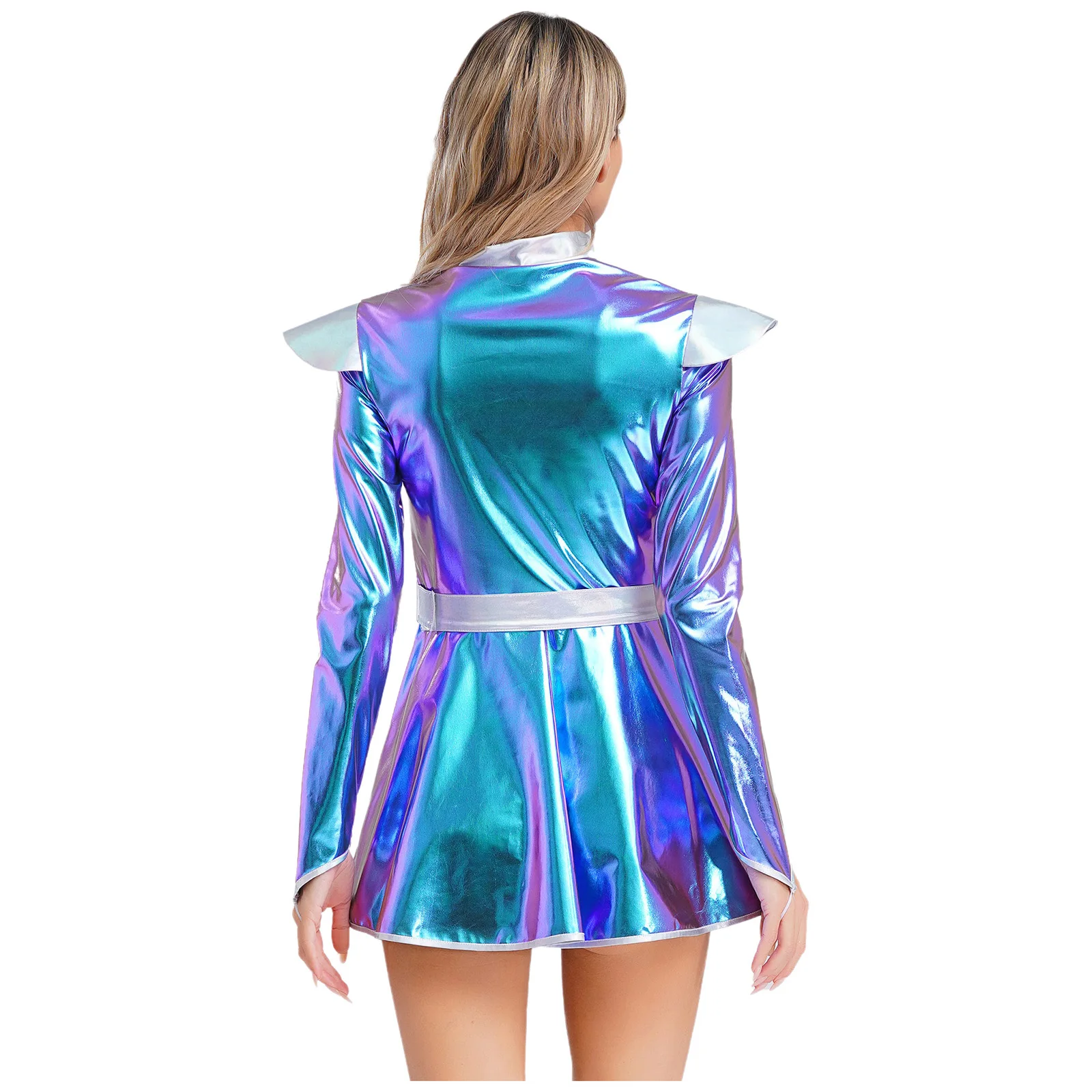 Women Shiny Alien Outerspace Halloween Cosplay Costumes Long Sleeve Tutu Dress for Robot Space Alien Costume Future World Party view 3