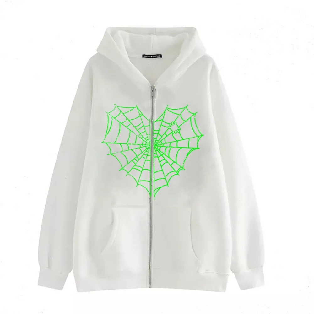 Spider Cobweb Pattern Zipper Hoodies Hip Hop Fashion Y2k Women Men Autumn Loose Zip Up Sweatshirt Retro Trend Couples Clothes