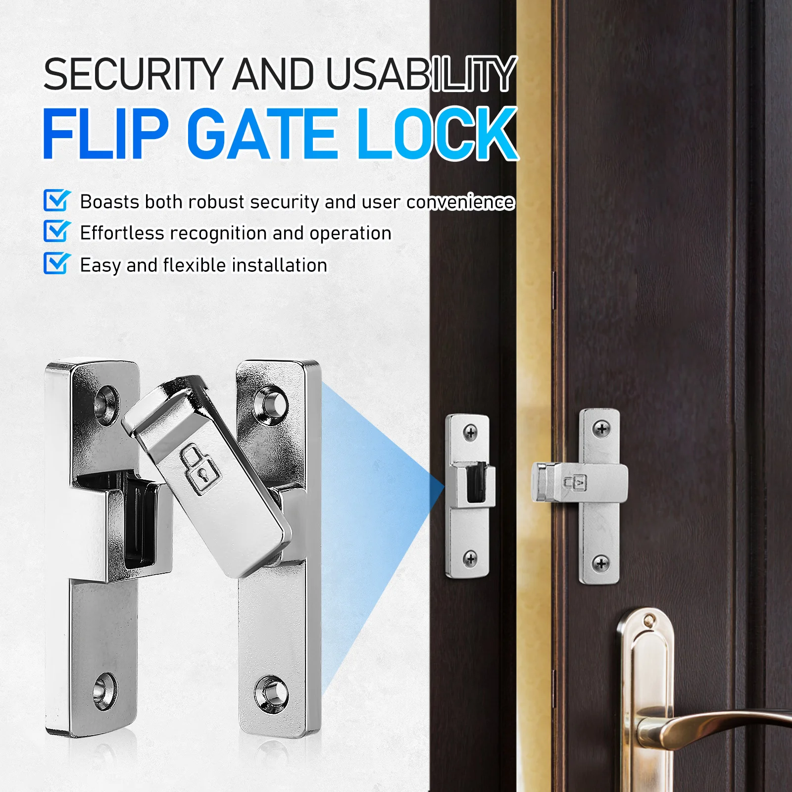 

Flip Gate Lock Heavy Duty Zinc Alloy No Screw Installation Durable Latch for Fence Gates Shed Door Bathroom Door Safety Hardware