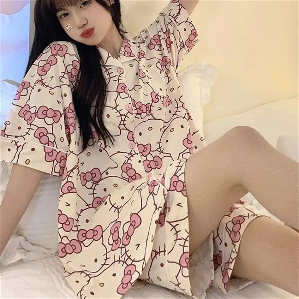 Sanrios Hello Kitty Short Section Ladies Pyjamas Set Pyjamas Women Summer Kawaii Cartoon Loose Pajamas Pajama Trousers Set