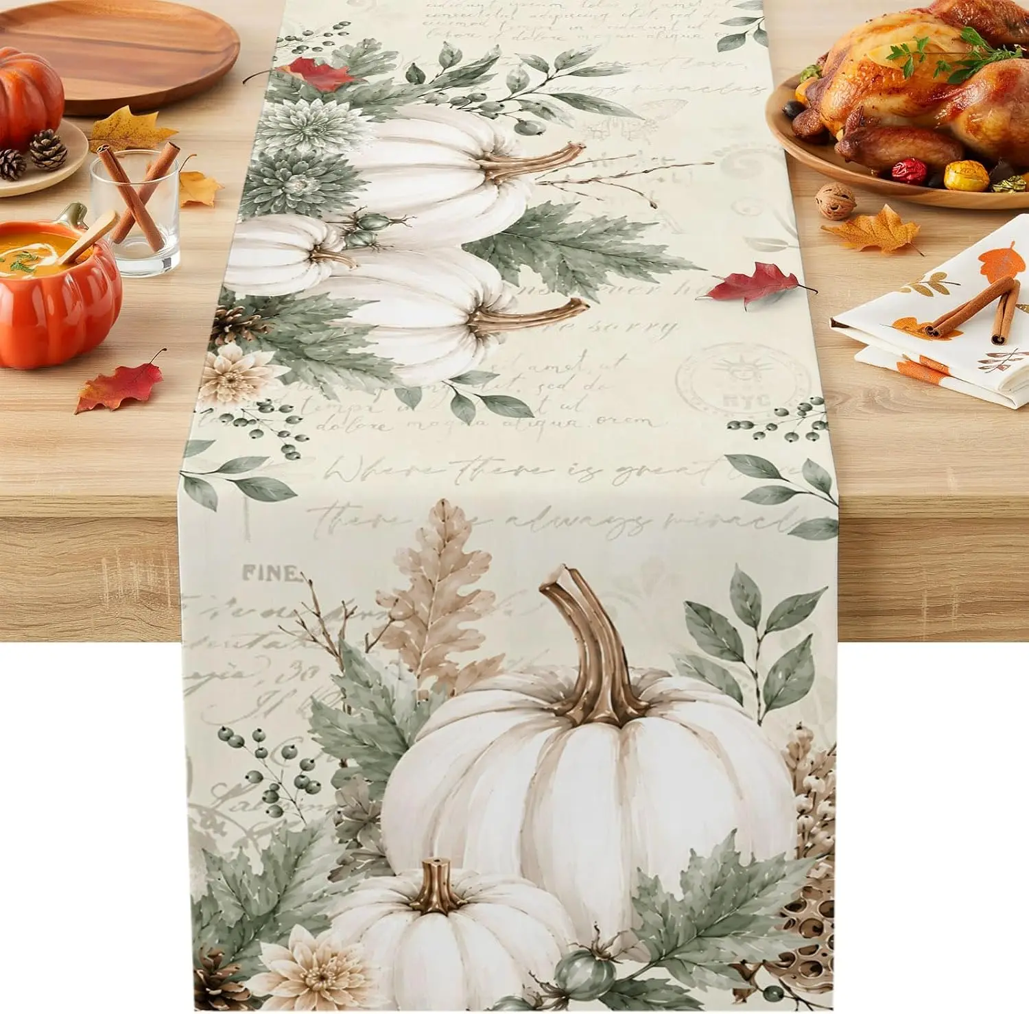 Fall Thanksgiving White Pumpkin Linen Table Runner Home Decoration Autumn Maple Leaves Kitchen Dining Table Runners Autumn Decor