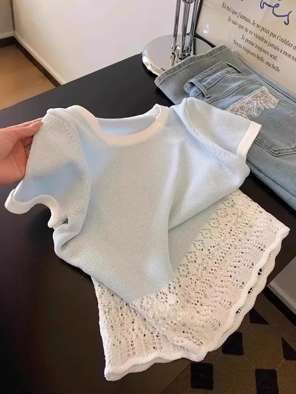 

Большой размер с кружевной отделкой, ажурный ледяной шелк ort Sve, вязаный летний топ, корейский круглый топ Ne Color Blo для похудения