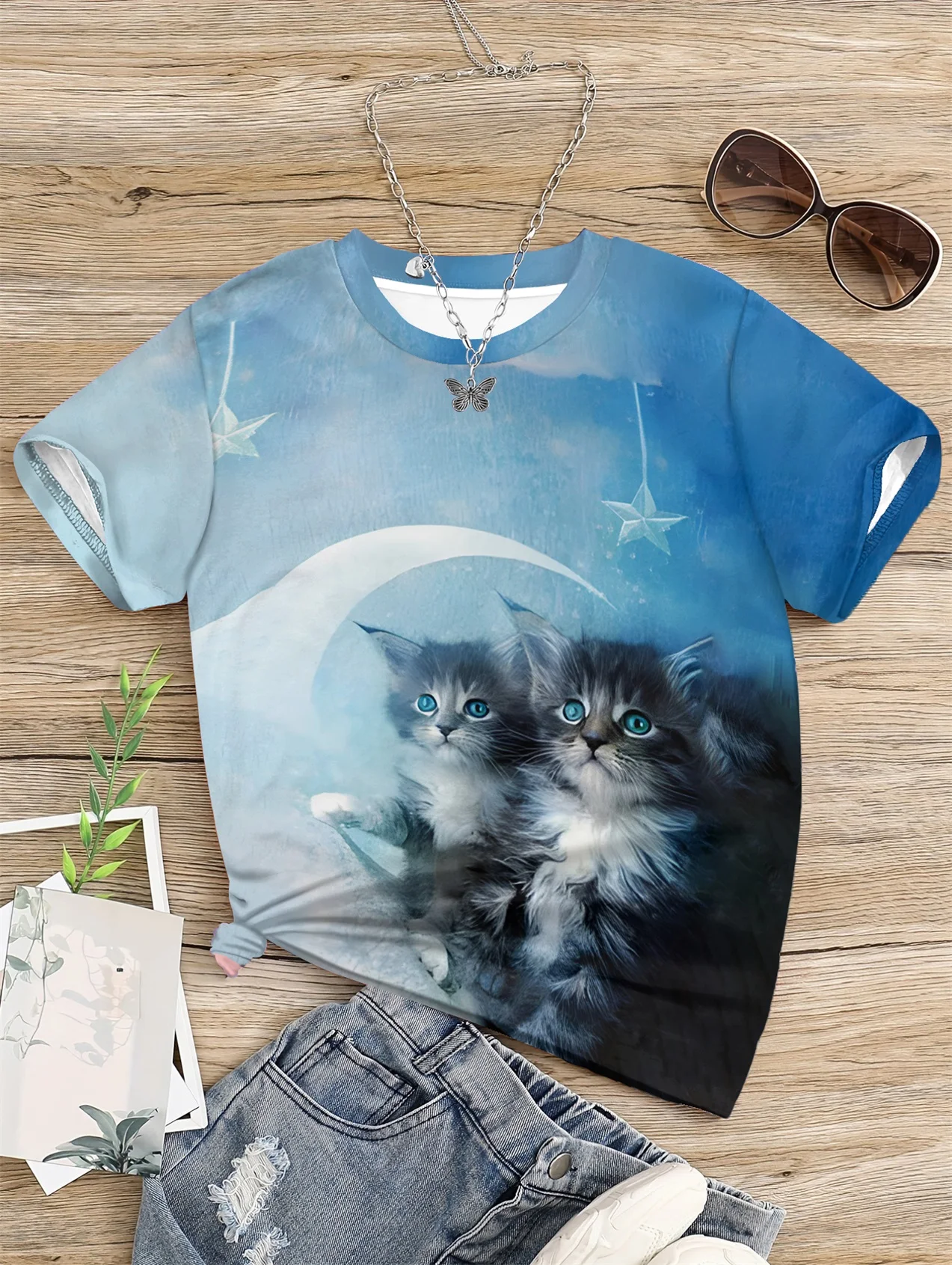 

5 To14 Years Girl Clothes Lively Cats Print Skyblue T-shirt Children's Clothing Kids Summer Short Sleeve Child Top T-shirts 2024