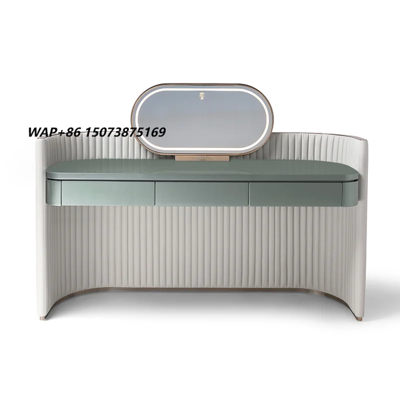 2023 Italian Luxury Modern Dressing Vanity Table Set LED Light Makeup Mirror New Light Green Makeup Vanity Table for Bedroom