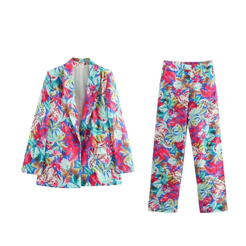 

ZBZA летние женские костюмы пиджак с принтом прямые брюки с высокой талией Новинка 2024 пальто брюки с широкими штанинами из двух предметов