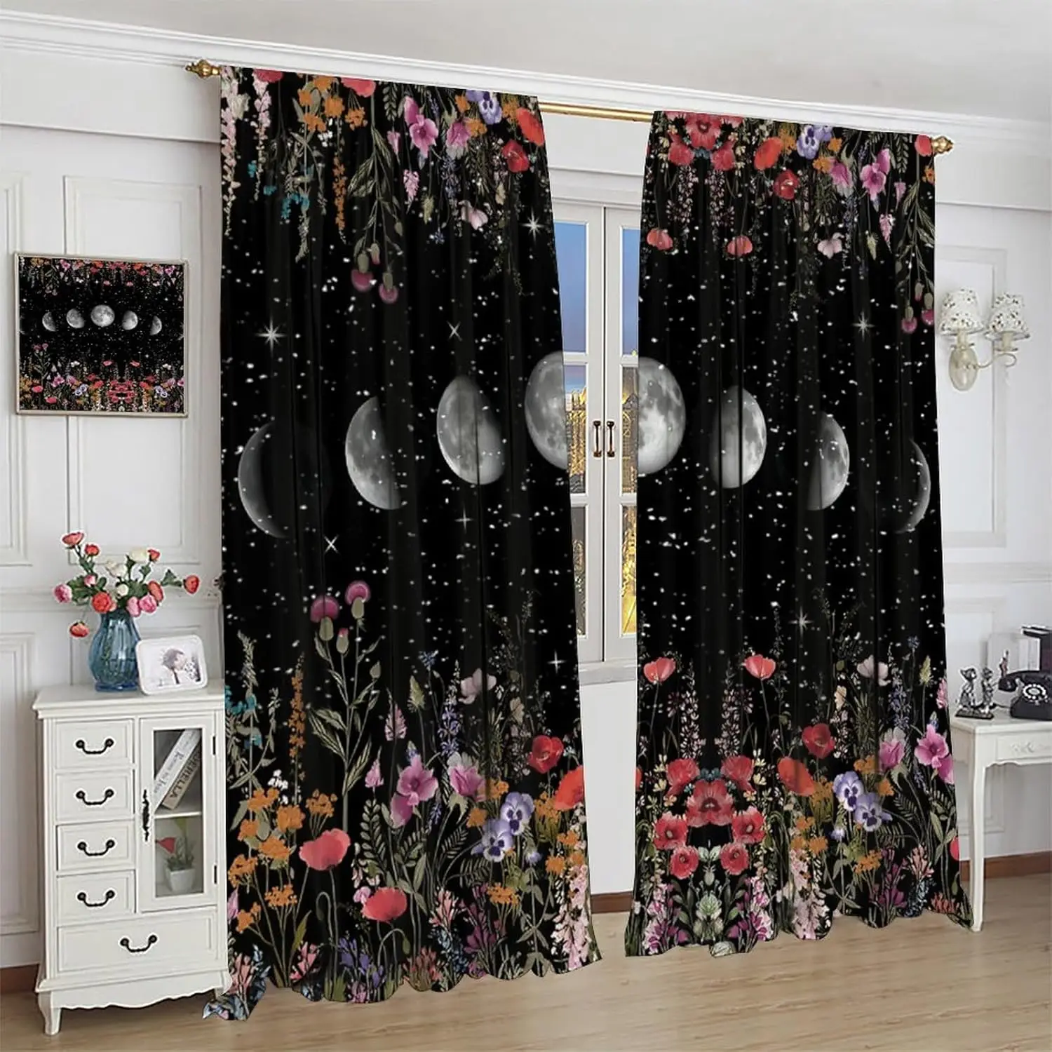 Gothic Moon Phase Curtains Retro Goth Fantasy Space Stars Colorful Flower Floral Print Modern Art Blackout Window Treatment for