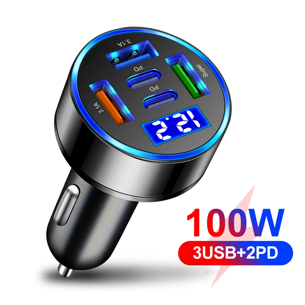 100W 5 Ports Car Charger Fast Charging PD QC3.0 USB C Car Phone Charger Type C Adapter in Car For iPhone Samsung Huawei Xiaomi