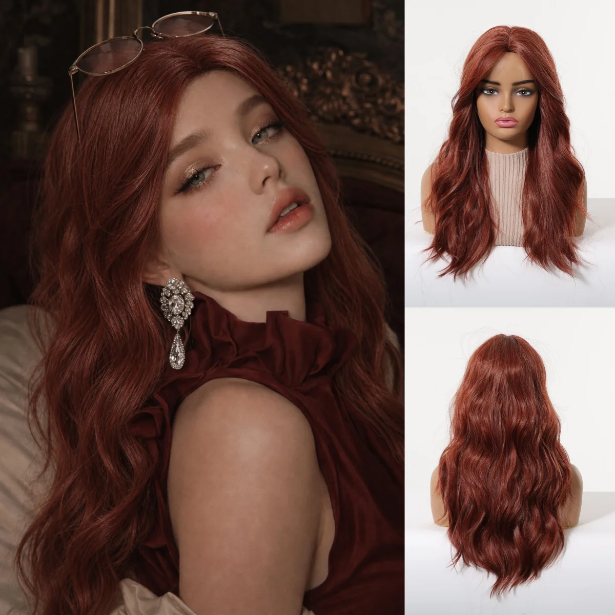 Middle Part Wig Long Body Wave Burgundy Red Synthetic Heat Resistant Fiber Loose Wave Reddish Brown Natural Hairline For Woman