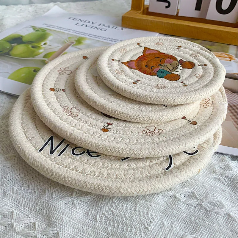 2pcsJapanese-Style Ins Braided Insulation Table Mats Coasters Creative Cute Cartoon Kitten Coaster Bowl Mat Cotton Rope Placemat