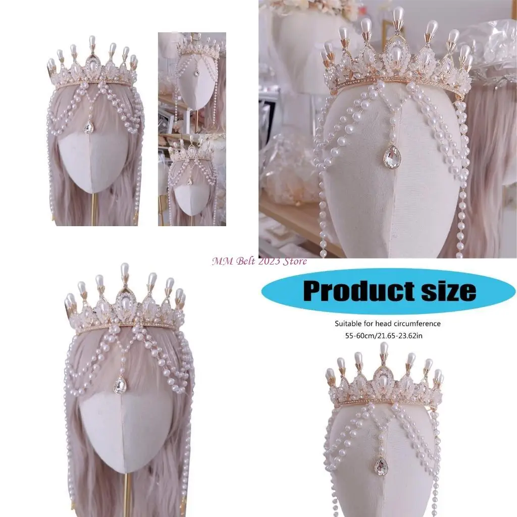 

49ME Elegant Pearls Crown Headpiece With Tassels Alloy Hair Accessory For Stylish Women Seeking Unique Fashion