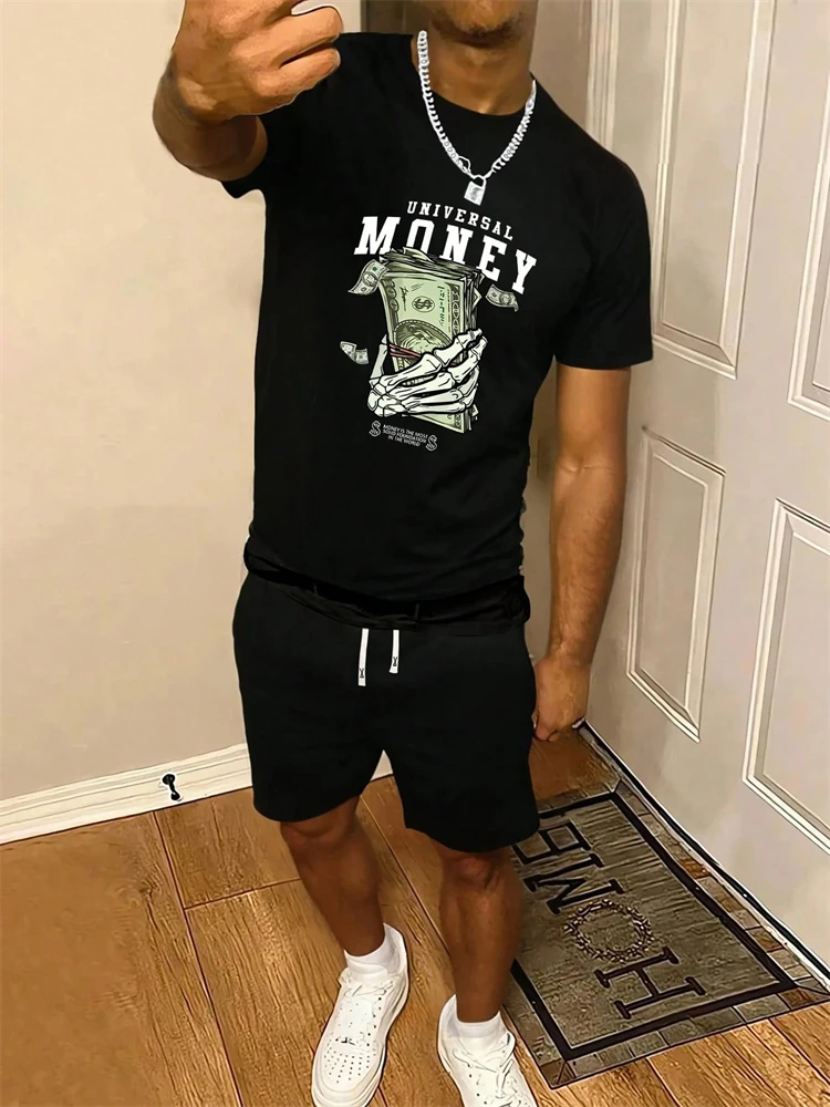 

New Men's 3D Round Neck Short Sleeve Shorts Suit Fashionable And Simple For Outdoor Activities And Daily Wear Two- piece Set