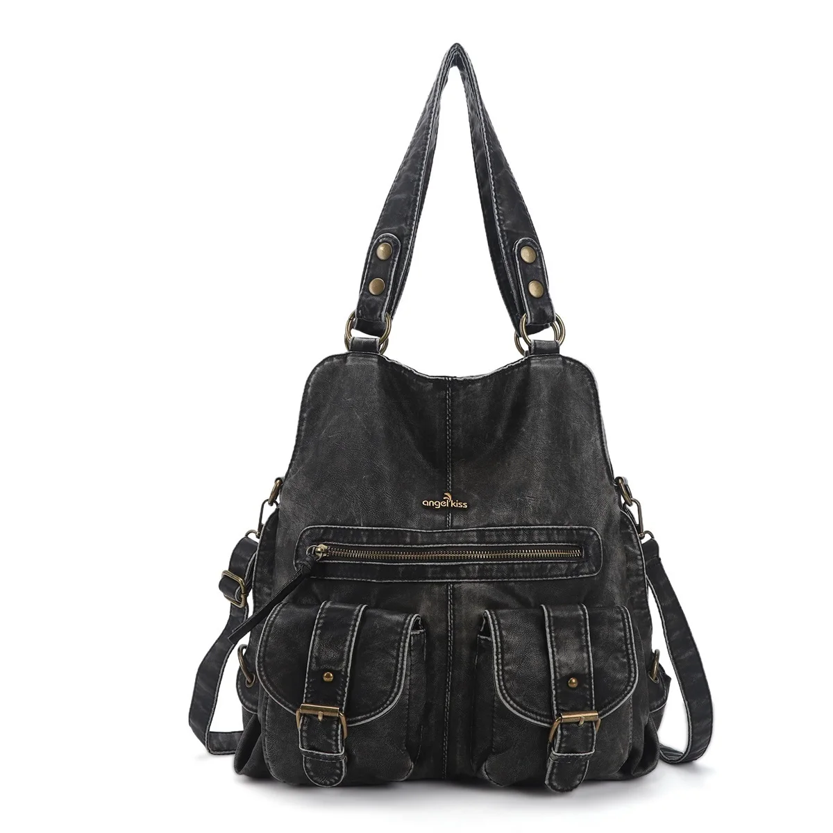  Backpack Women Handbags Satchel Top-handle Soft PU Shoulder Bag Fashion Vintage Multi-pockets Large Backpack Wellet