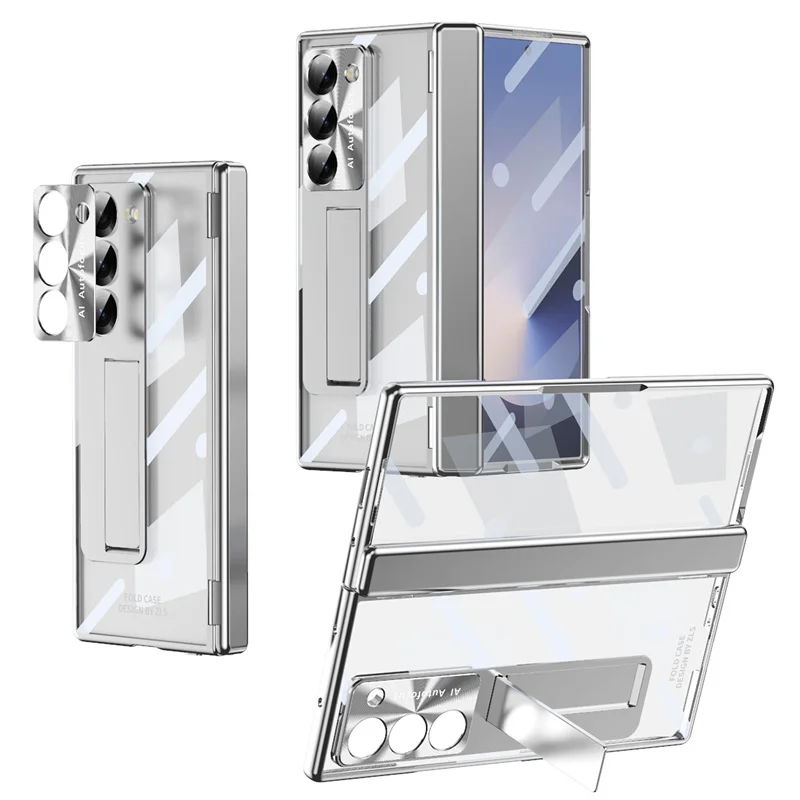 For Samsung Galaxy Z Fold7 6 5 4 3 5G Plating Hyaline Spring Hinge Holder Phone Case Screen Protector Film 360° Protective Cover
