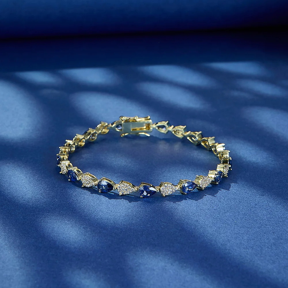 

5MM Elegance Sapphire Blue Water Drop Bracelet 18K Gold Plated Zircon Bracelet for Women
