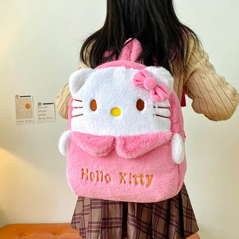 Mochila De felpa de Hello Kitty para niños, mochila escolar de dibujos animados, Linda melodía Kulomi Cinnamoroll, mochila con cremallera de felpa