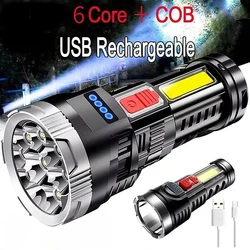 6 Core Super Bright LED Flashlight COB Outdoor Portable USB Rechargeable Strong Light Long Range Waterproof Hiking Camping