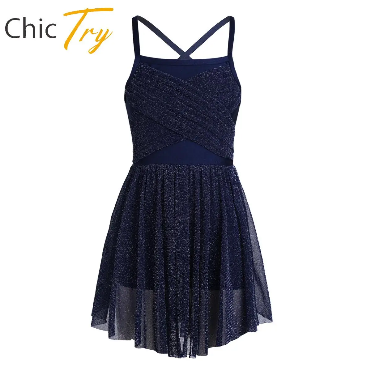 

Children Girls Glittery Mesh Spaghetti Shoulder Straps Ballet Latin Dance Gymnastics Leotard Dress Performance Dress Dacnewear