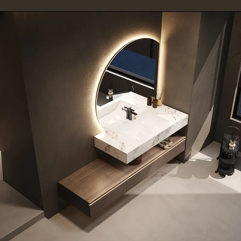 Modern Simple Rock Slab Bathroom Cabinet Solid Wood Washbasin Light Luxury Smart Mirror Double Layer Wall Mounted Hanging
