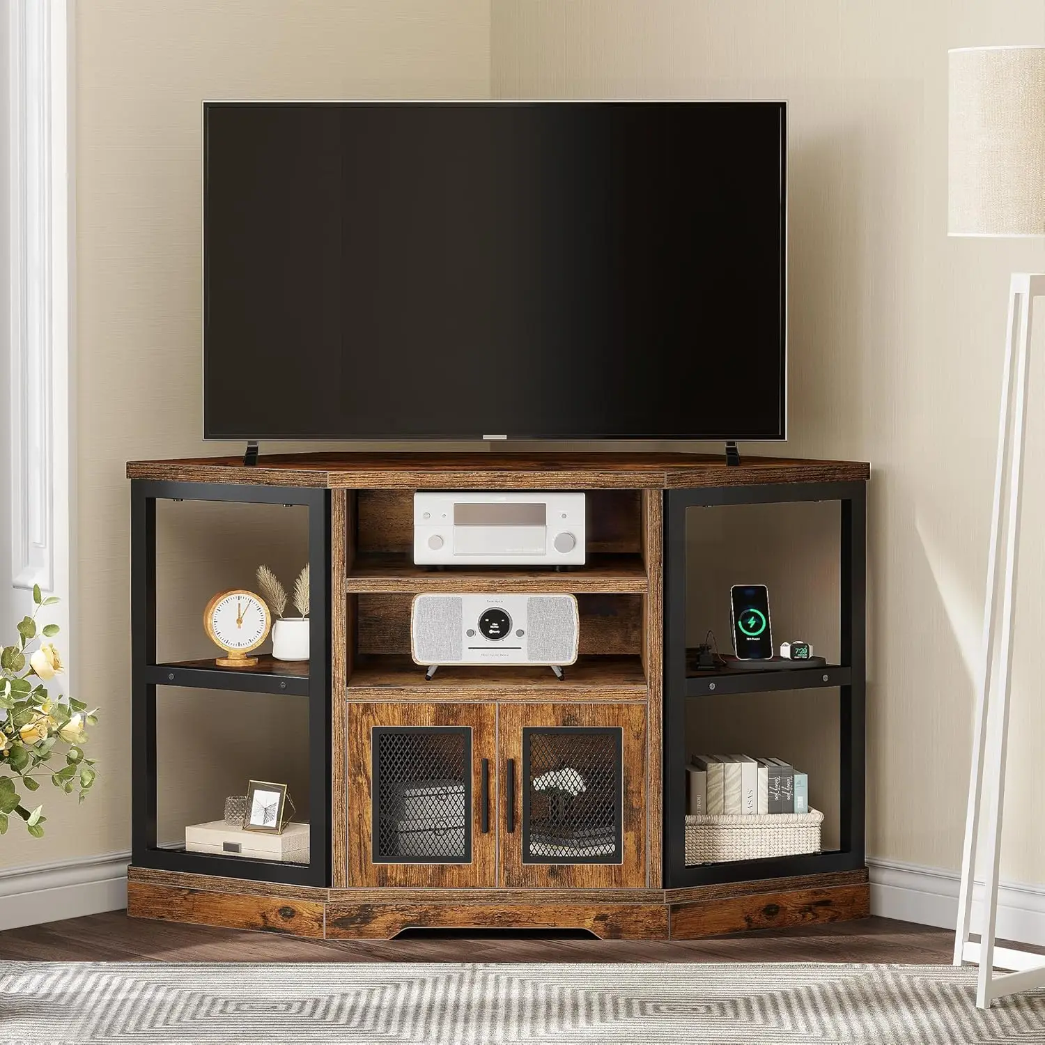 Stand for TVs up to 55 Inch with Power Outlet, Modern Farmhouse Entertainment Center, Wood TV Media Console with