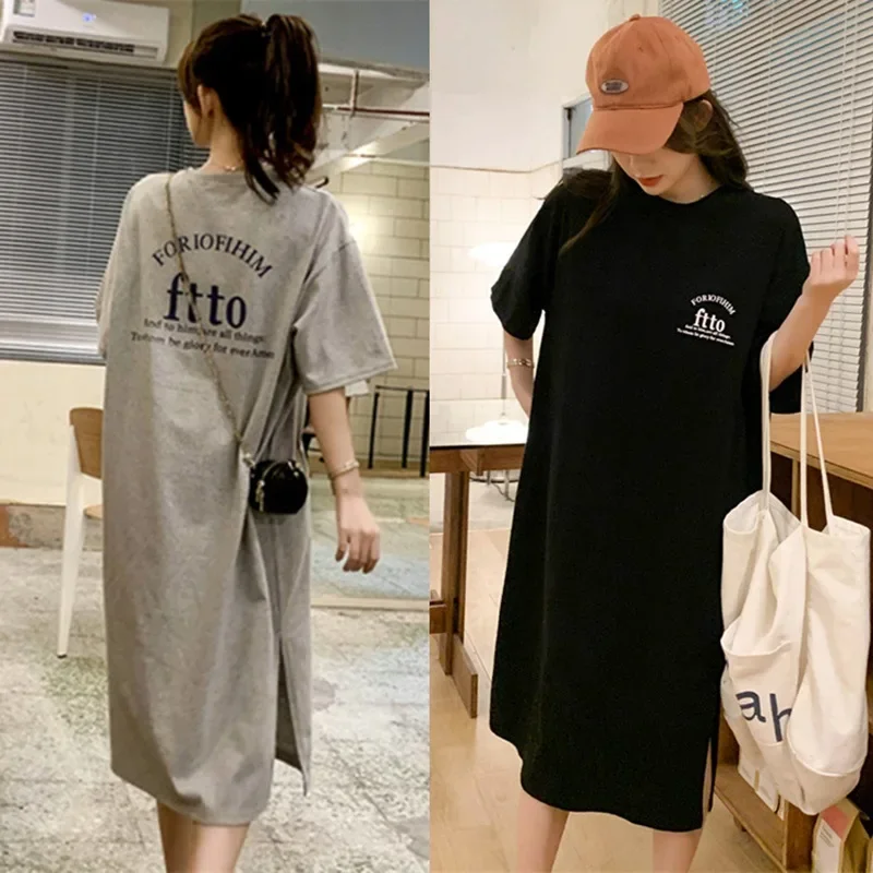 

Korean Fashion Women Letter Loose Split Dress Spring Summer New O Neck Short Sleeve Long Tops Bottoming Shirts Casual Streetwear