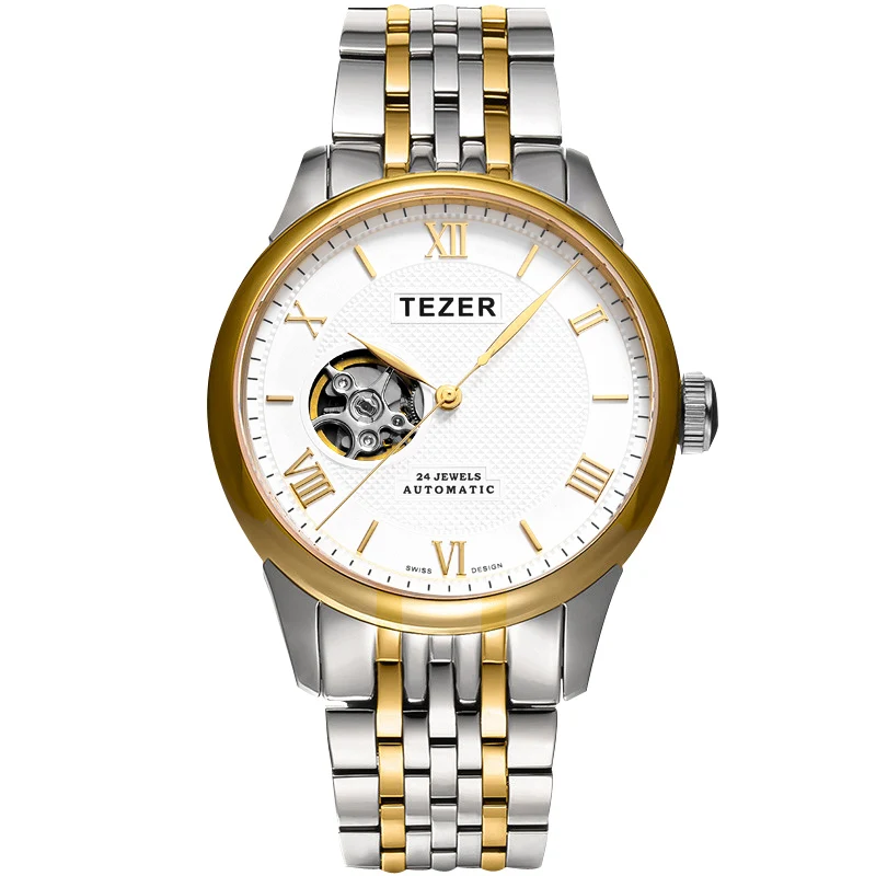 TEZER Men Automatic Watch | Two‑Tone Stainless Steel Band | Sapphire Glass | 50M Water Resistant Business Mechanical Wristwatch