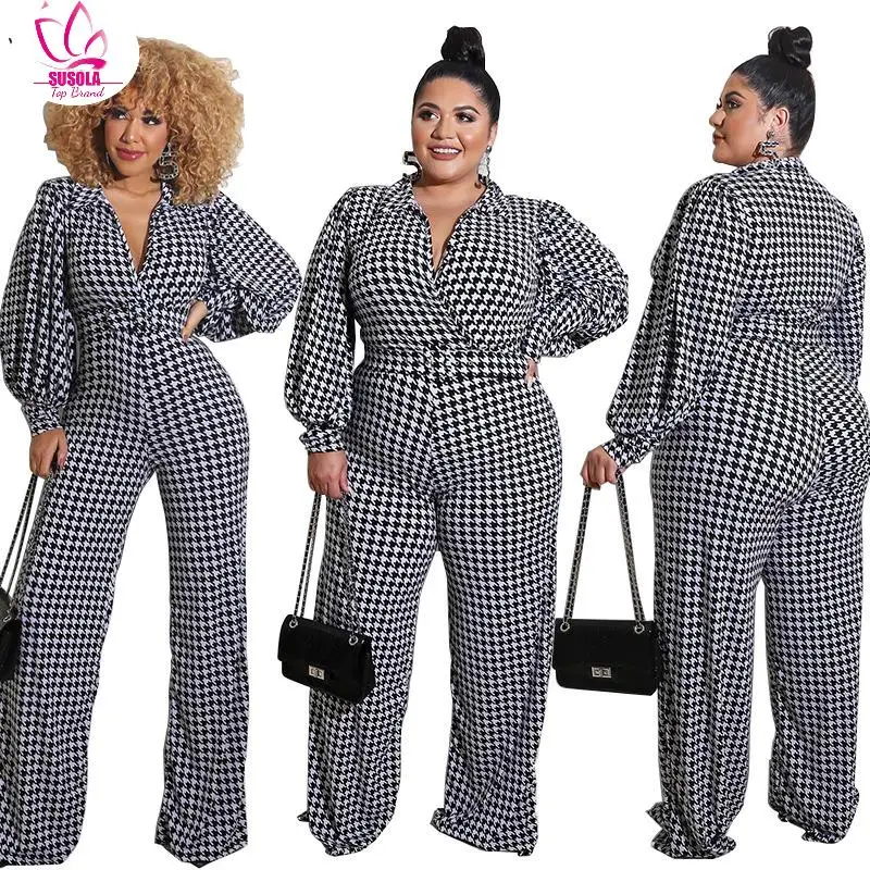 

SUSOLA Jumpsuits Women Lapel One Piece Romper Elegant Bird Lattice Straight Trouser Jumpsuit With Sash Wholesale Dropshipping