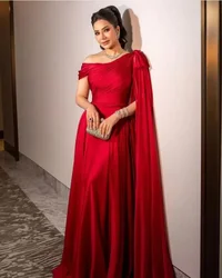 Fashion Simple 2024 Red Jersey prom Dresses Floor Length elegant Off the shoulder With Sweep Train Formal Evening Dresses