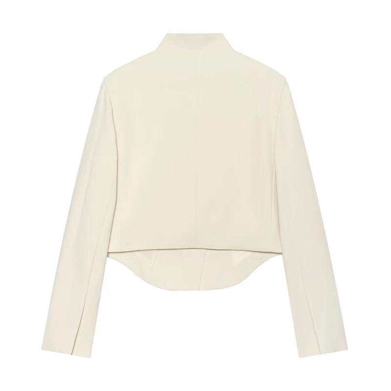 YENKYE Elegant Women High Neck Single Button Cropped Blazer Asymmetric Wrap Front Curved Irregular Hem Long Sleeve Short Jacket