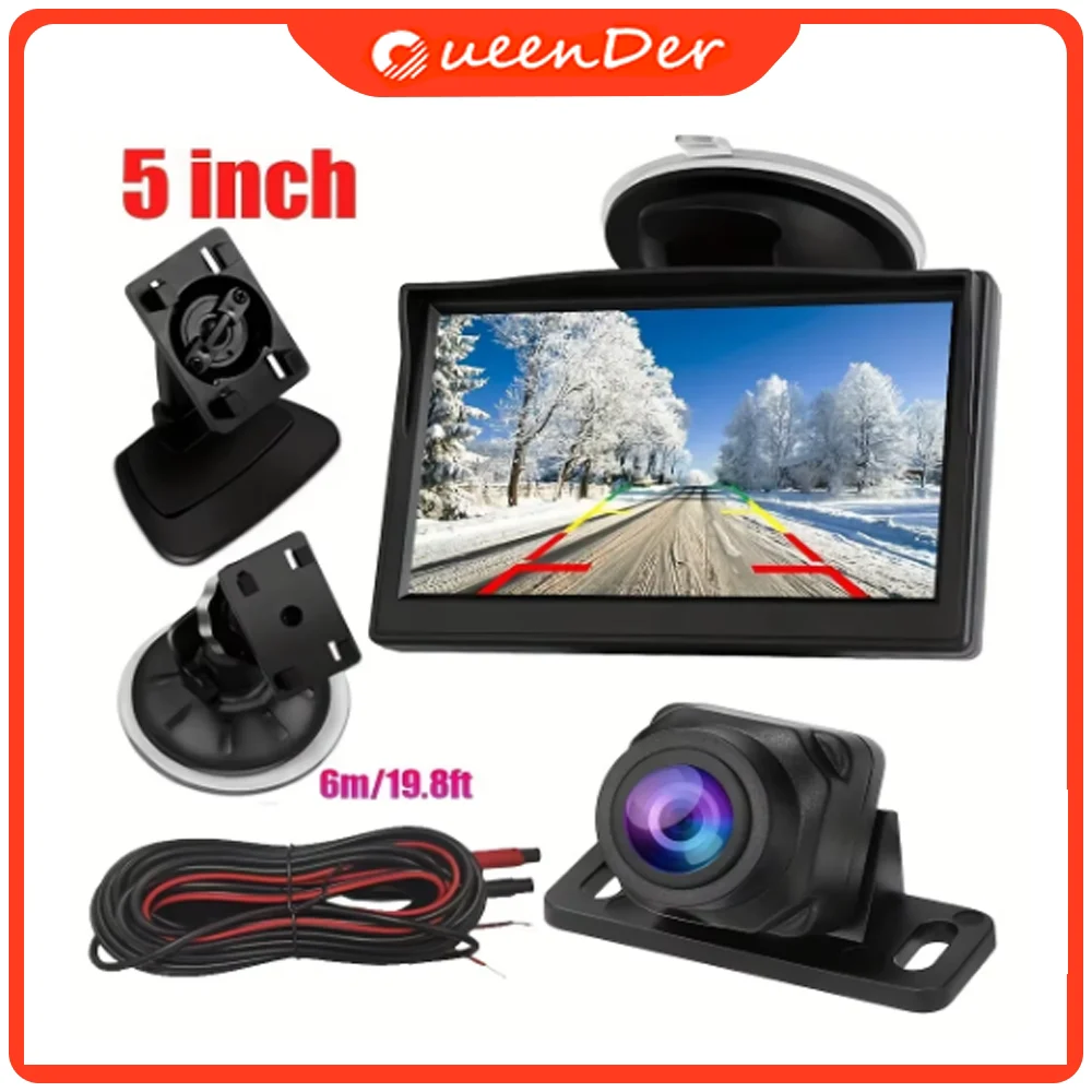 QueenDer Backup Camera For Car HD 5 Inch Monitor Rear View Mirror Camera System Real Night Vision For Truck Minivan SUV