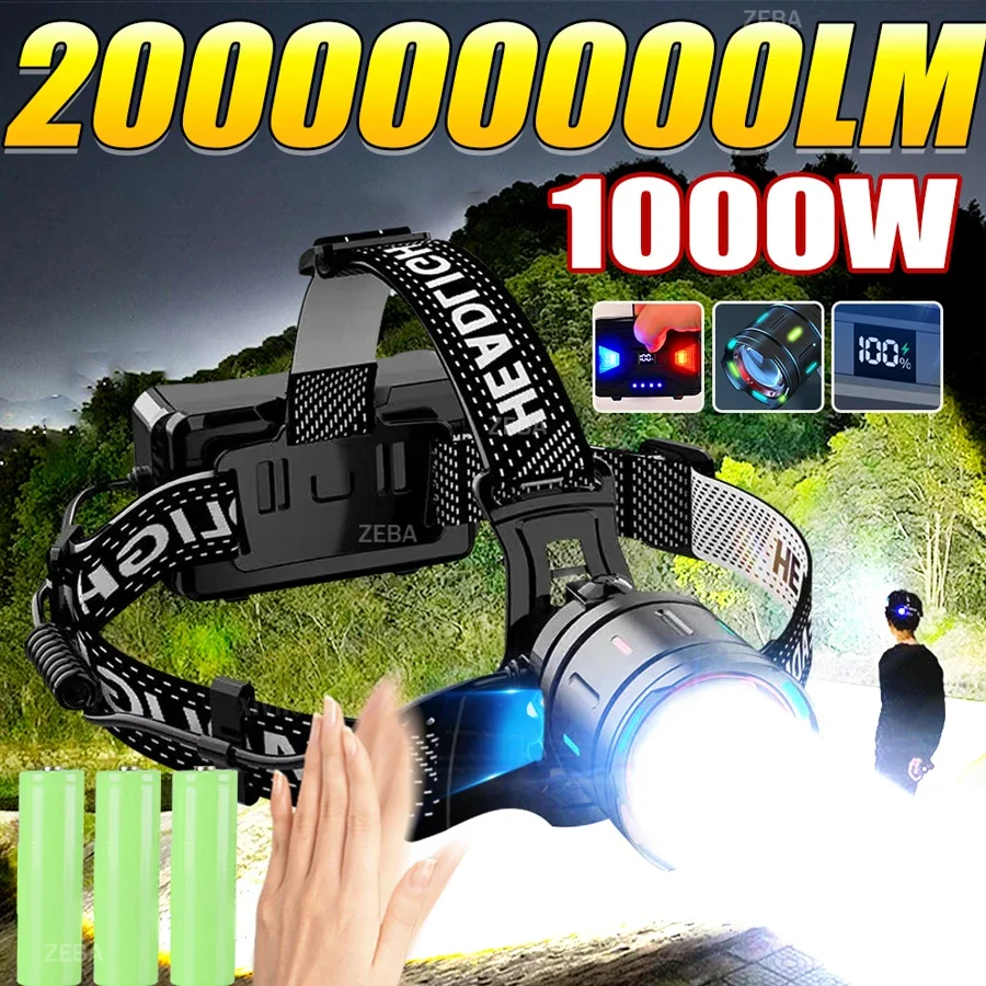 

200000000LM 1000 Вт мощный светодиодный налобный фонарь супер яркий перезаряжаемый налобный фонарь 3*18650 налобный фонарь для рыбалки и охоты