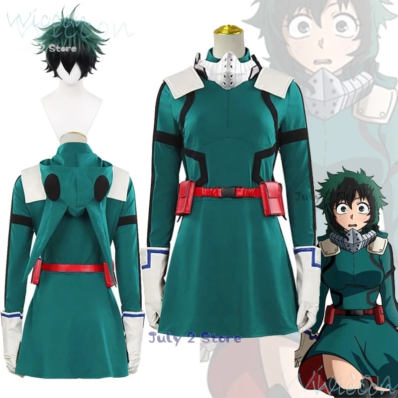 Anime Midoriya Izuku Cosplay My Hero Deku Green Skirt Girl Green Black Wig Academia Justice Uniform Prop Party Outfit for Women