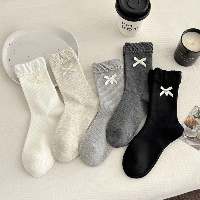 1 Pair Bow Detail Bubble Cuff Mid-Calf Socks for Schoolgirl Fall Slouchy Crew Socks with Ruffle Trim Preppy Style Cotton Socks