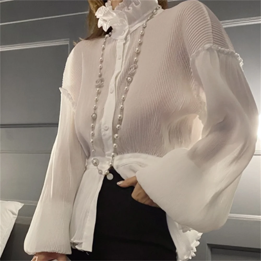 

White Tops Women Blouse for Ladies Evening Wrinkled waist collar fashion shirt Party Event Pullover Shirts XL