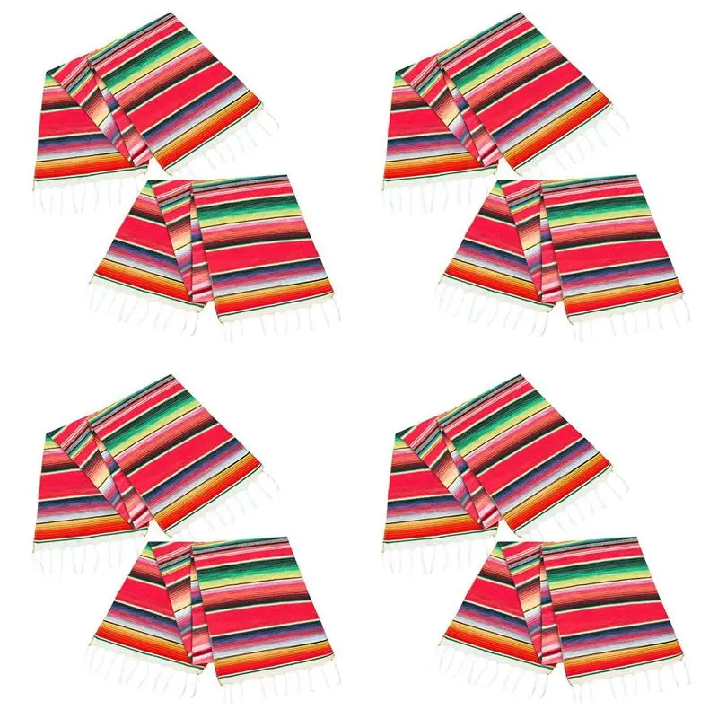 

ABMS-8Pack 14 By 84 Inch Mexican Table Runner 14 X 84 Inch Mexican Party Wedding Decorations Fringe Cotton Serape Blanket Red