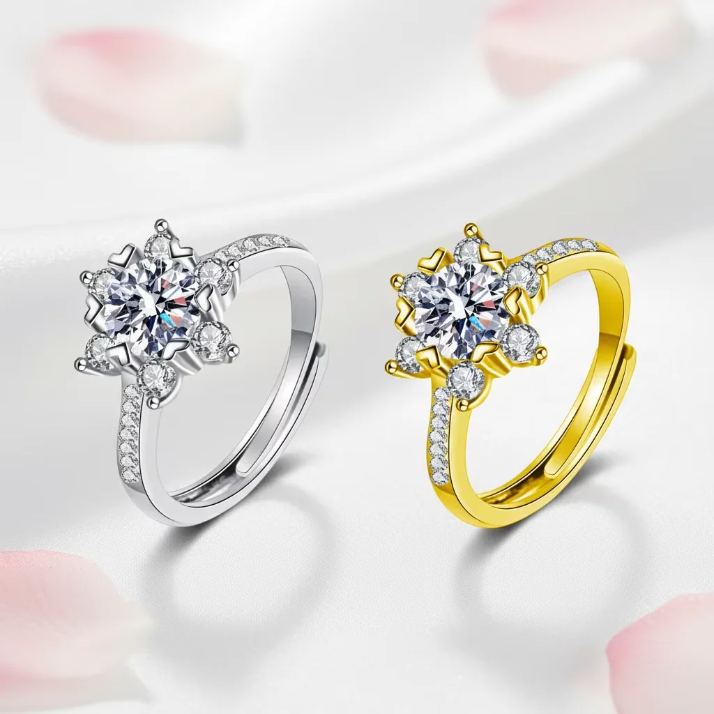 

White Gold/Gold Plating Wedding Ring Snowflake for Ladies Sterling Silver Moissanite Round Cut Diamond Ring Adjustable