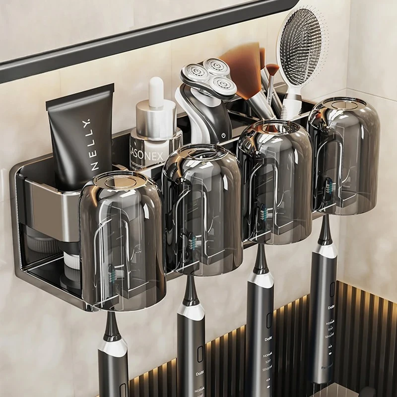 Wall-mounted Toothbrush Holder Shelf Electric Toothbrush Rack Set Mouthwash Gargle Tooth Cup Punch-free Bathroom Accessories