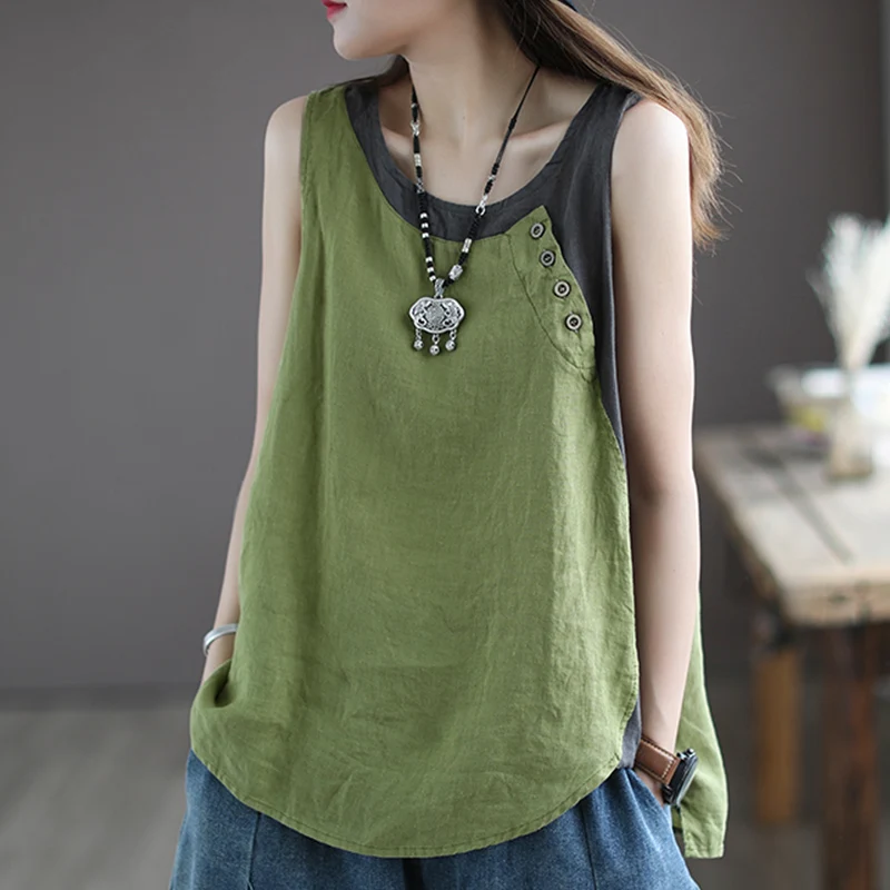 

Cotton Linen Color Blo Strap Vest plus Size Women's Svel round Ne Base irt Linen a Version Top Summer