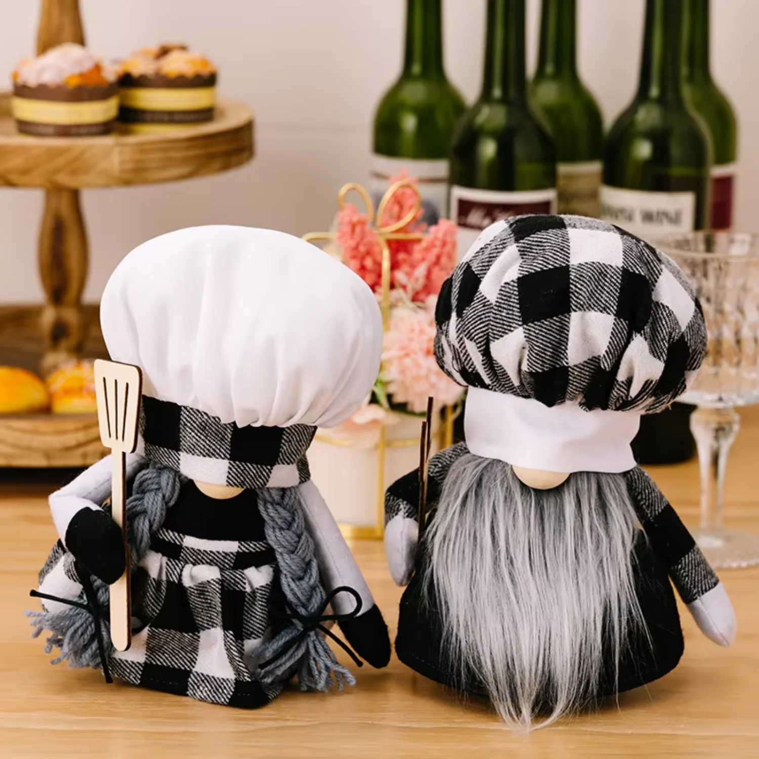 New Christmas Plush Kitchen Gnome With Black and white buffalo plaid Doll Gonk for Xmas  Decorations  Table ornament