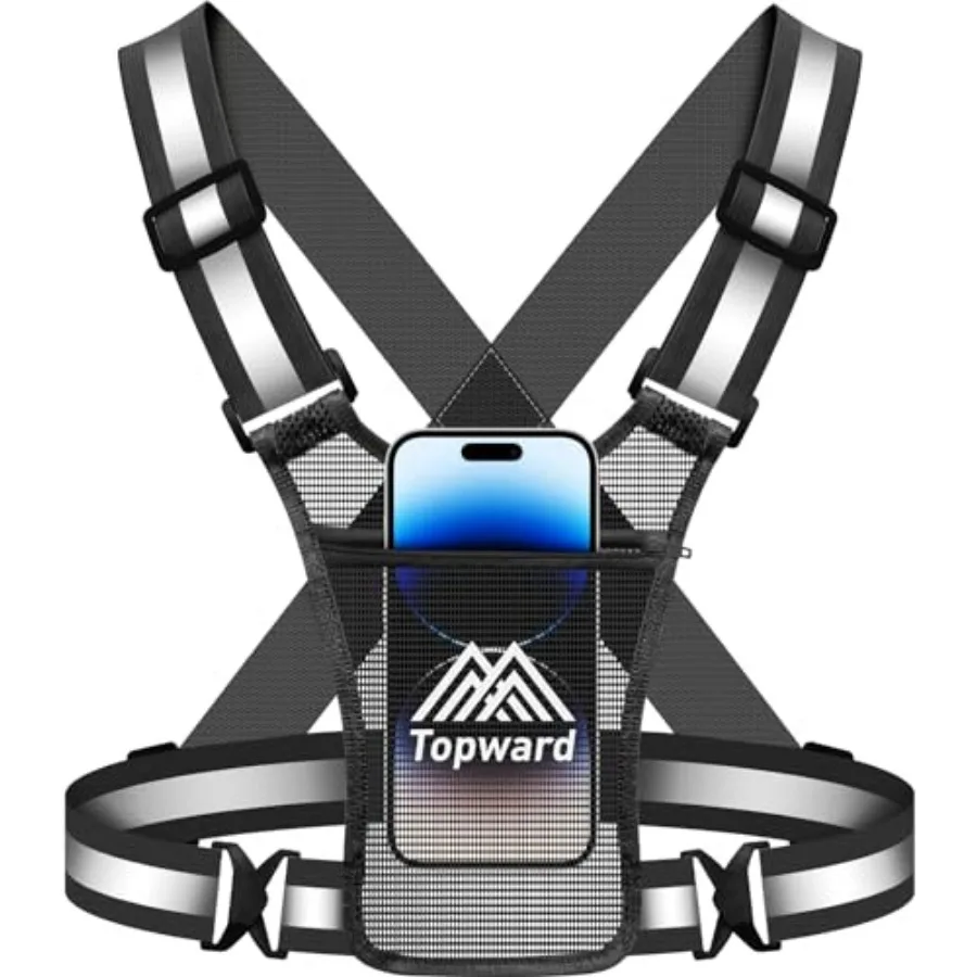 Topward Running Vest Chest Phone Holder for Women Men, Reflective Vest Safety Gear for Dog Walking Cycling - Adjustable Waist/S