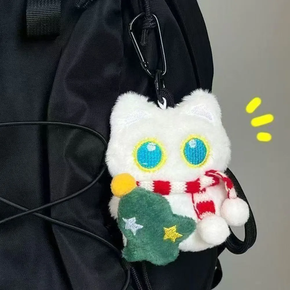 Cute Soft Fluffy Pendant Keychain Cartoon Kawaii Christmas Cat Keyring Stuffed Doll Pendant Xmas Holiday