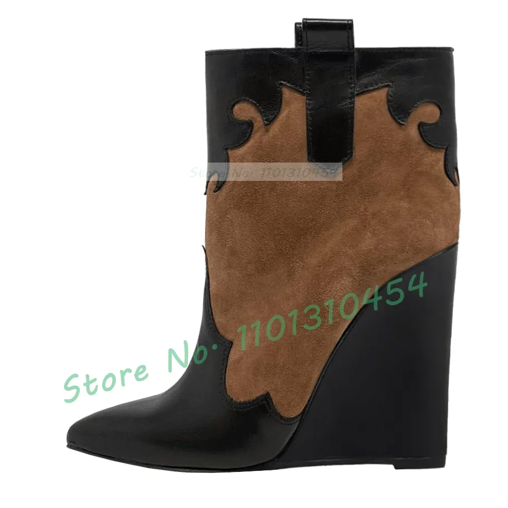 

Western Spliced Wedge Ankle Boots Women Vintage Pointy Toe Color Block Suede Shoes Ladies Patchwork Chic Matte Leather Shoes