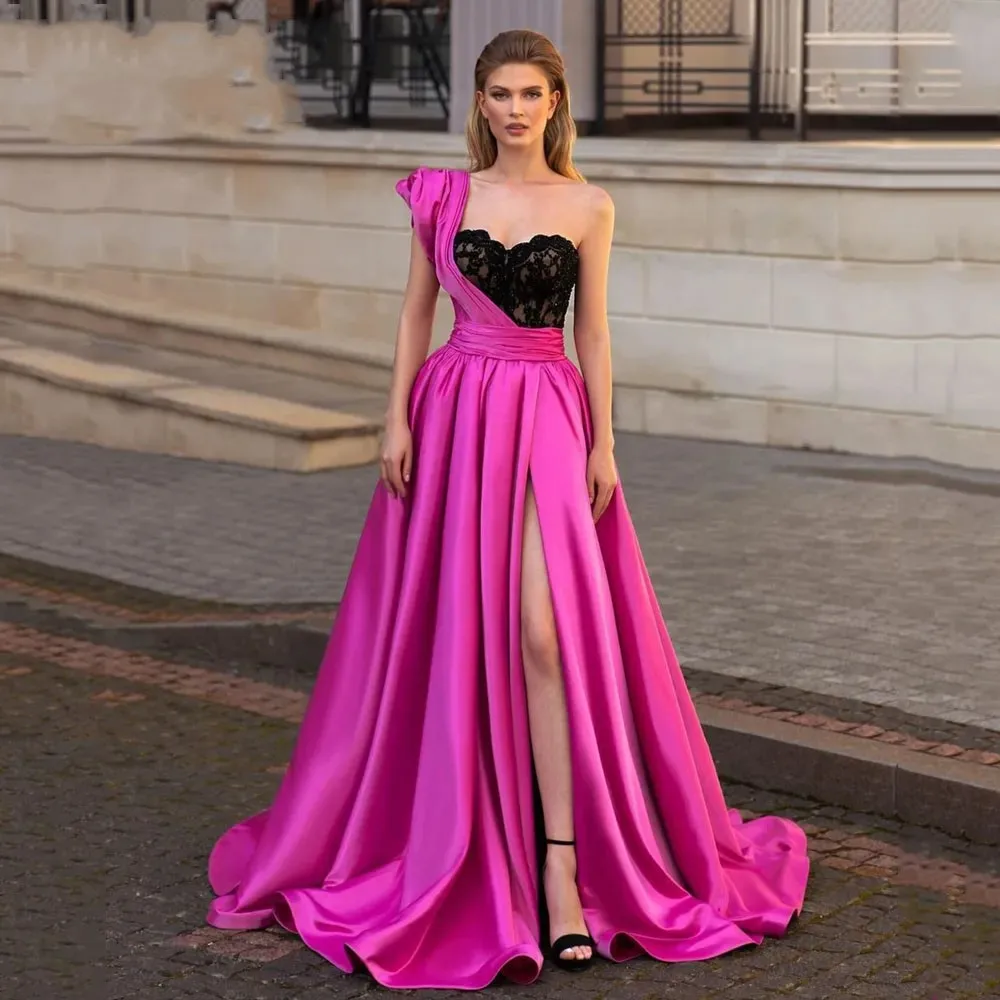 Prom Dresses One Shoulder Fuchsia A Line Evening Gown Side Split Black Breast Formal Dress for Special Occasion Gown 2023