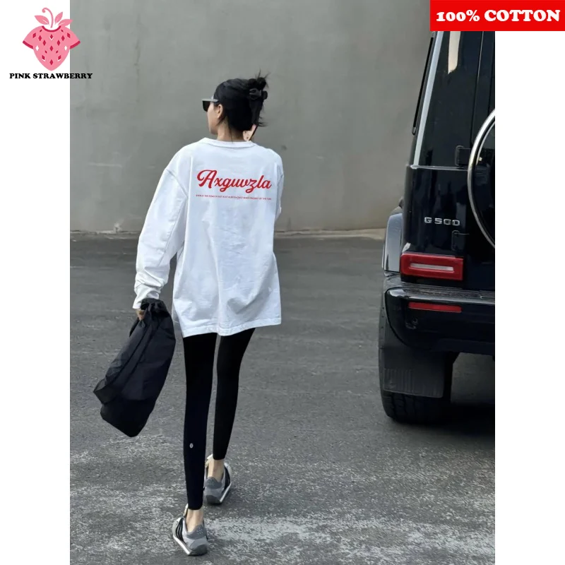 

American Retro Letter Print T-shirt Women Autumn 2025 New 100%Cotton Oversize White Long-sleeved T-shirt Y2k Top Ladies clothing