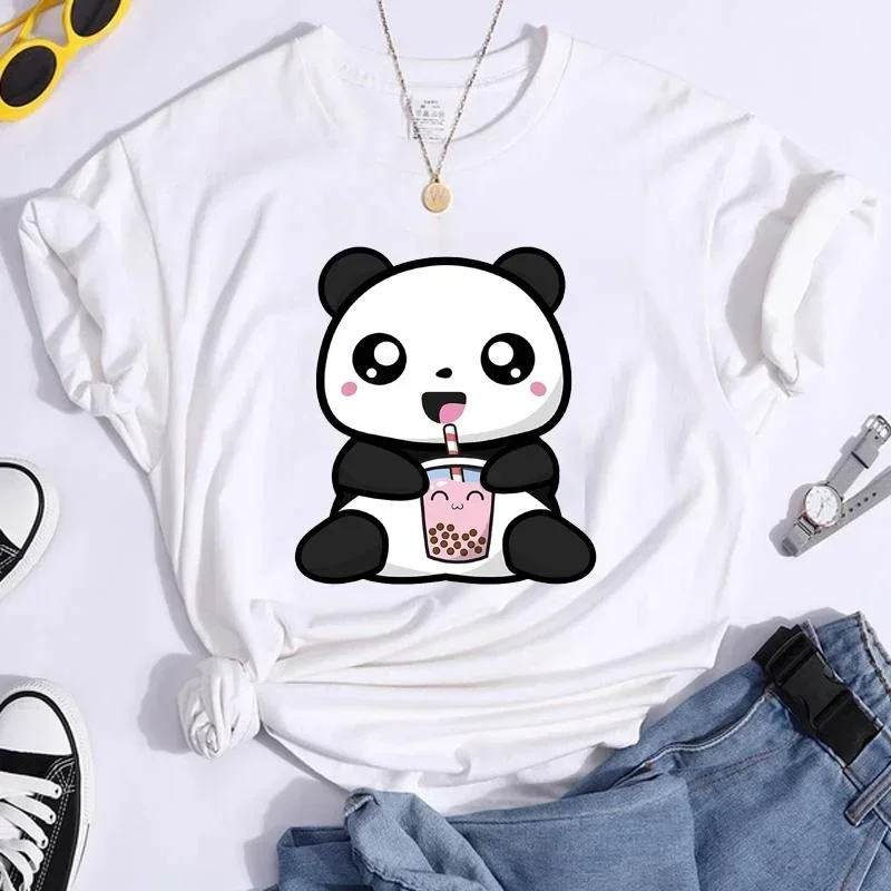 Cute Panda Boba Tea Pattern Printed T-Shirt Women's Casual Cute Panda Harajuku T-Shirt Tops