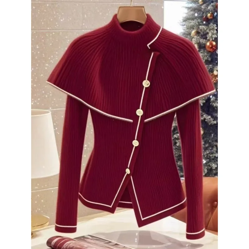 Christmas New Year Half-Neck Small Fragrance Knitted Top Women's Winter Red Cape Style Irregular Button Sweater Jacket